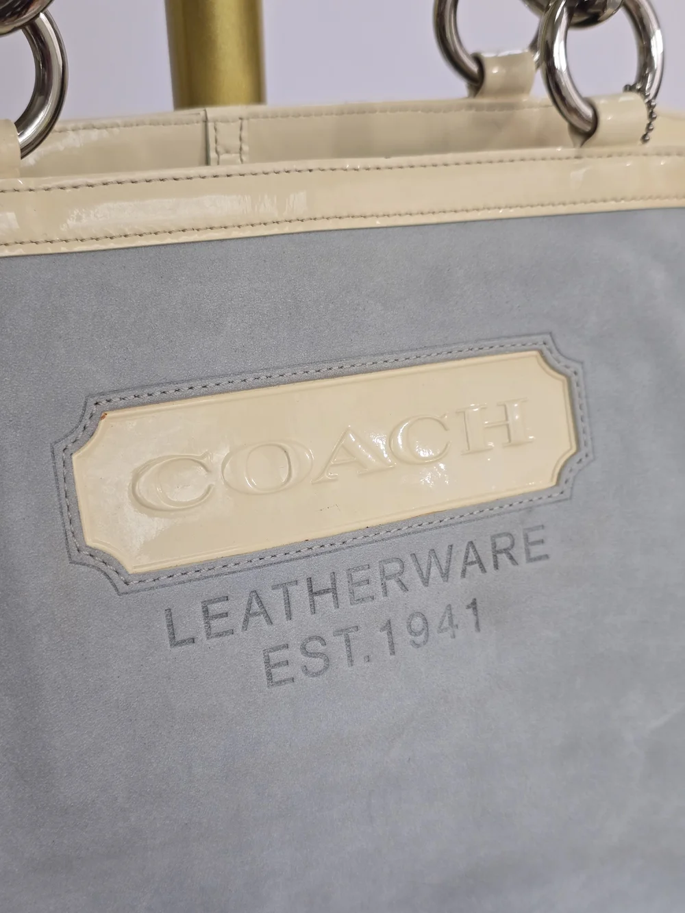 COACH Light Blue Suede Shoulder Purse with Cream Trim Hampton